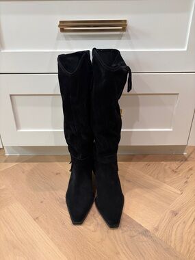 Black Over-the-Knee Suede Boots with Pointed Toe and Tie Detail